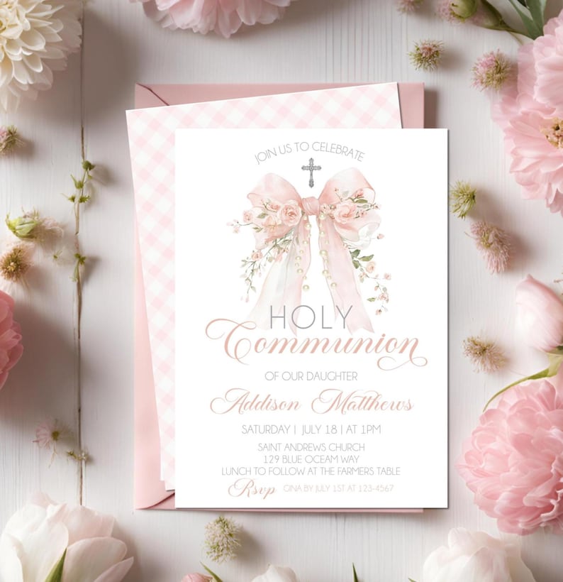 Pink Bow First Holy Communion Invitation Template Watercolor Floral ...