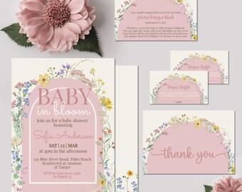 Modello di invito Baby In Bloom, Wildflower Baby Shower Bundle Libri per la lotteria dei pannolini per bambini Grazie, download istantaneo stampabile digitale