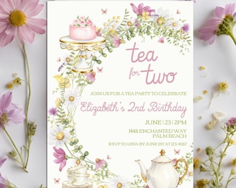 Tea for Two Birthday Invitation Template, Editable Digital Floral  Pink Partea Garden Party 2nd Birthday Invite, Printable Instant Download