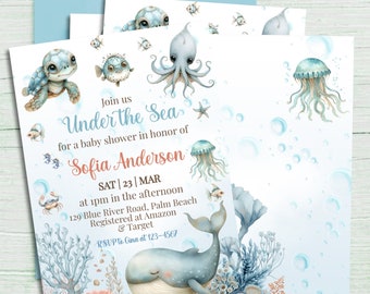 Editable Under The Sea Baby Shower Invitation, Ocean Baby Shower Invite, Nautical Baby Shower Template, Sea Turtle Invites, Instant Download