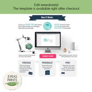 May include: A graphic showing how to use a digital template for printable designs. The graphic shows a computer screen with a design on it, and the text "Corjl" in a blue circle. The graphic also shows three steps: Purchase, Personalize, and Print.