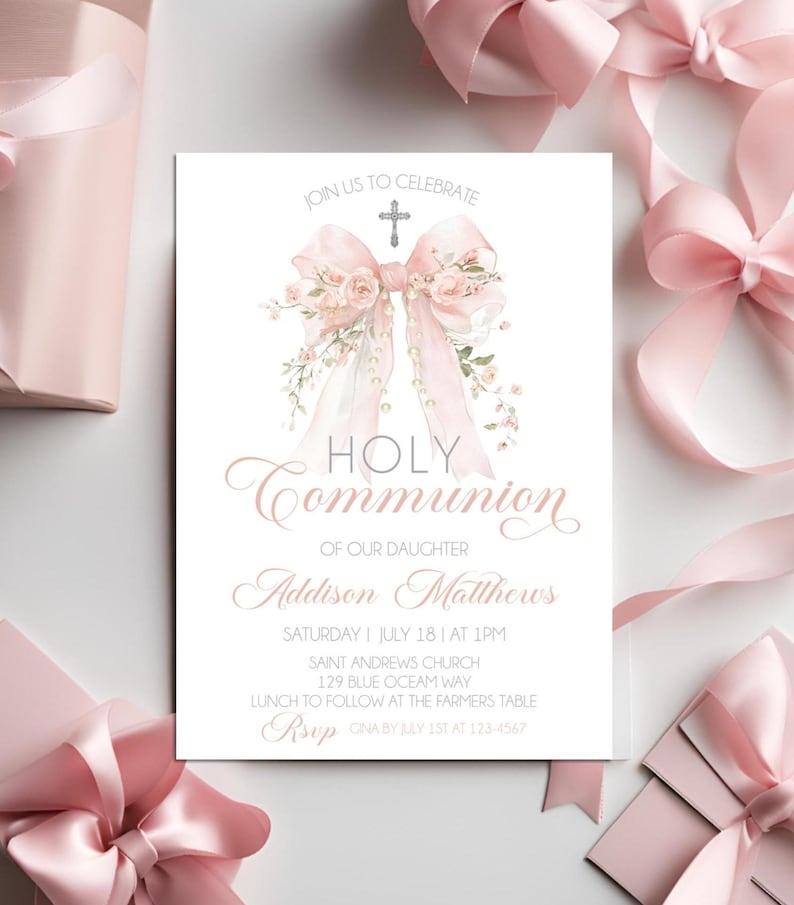 Pink Bow First Holy Communion Invitation Template Watercolor Floral ...
