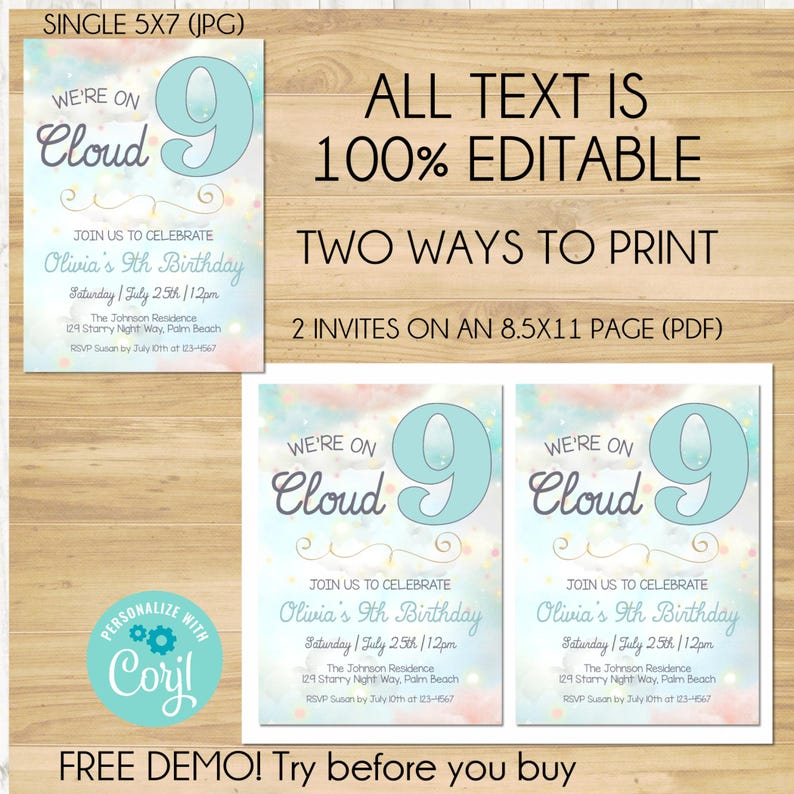 Cloud 9 Birthday Invitation Template, Editable Girl Cloud Nine Party ...