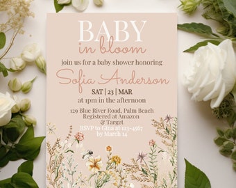 Baby In Bloom Invitation, Wildflower Baby Shower invitation Floral Baby shower invite, Instant Download Girl Baby shower invitation template