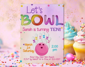 Editable Bowling Birthday Invitation, Bowling Invitation, Bowling Party Let's Bowl, Pink Bowling Party Template, Girl's Party Invite