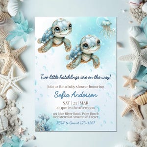 Bearbeitbare Wasserschildkröte Doppel-Babypartyeinladung, unter dem Meer-Baby-Babyparty-Einladung, Zwillings-Junge-Babyparty-Einladung, sofortiger Download