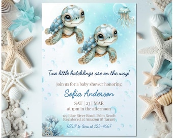 May include: A baby shower invitation with a blue and white watercolor background featuring two cartoon sea turtles. The text reads "Two little hatchlings are on the way! Join us for a baby shower honoring Sofia Anderson SAT 23 MAR at 1pm in the afternoon 129 Blue River Road, Palm Beach Registered at Amazon & Target RSVP to Gina at 123-4567"