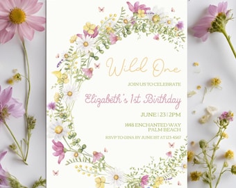 Wildflower 1st Birthday Invitation Template, Editable Wild One Birthday Girl Digital Invite, Floral Bloom Party Printable Instant Download