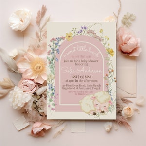 Editable Lamb Baby Shower Invitation, Wildflower Baby Shower, Baby in Bloom invitation Template, Girl Baby Shower Invite, Instant Download