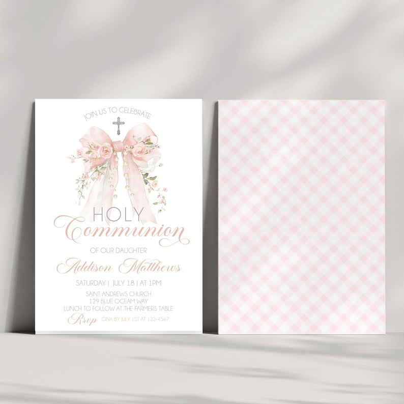 Pink Bow First Holy Communion Invitation Template Watercolor Floral ...