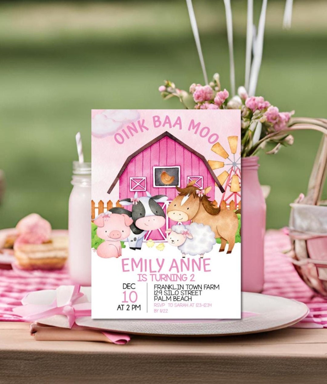 Pink Farm Birthday Party Invitation Template, Editable Farm Animals ...