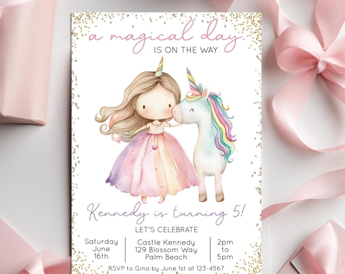 Editable Unicorn Birthday Invitation Template, Gold Glitter Magical Rainbow Pink Princess Party Invite, Printable Digital Instant Download