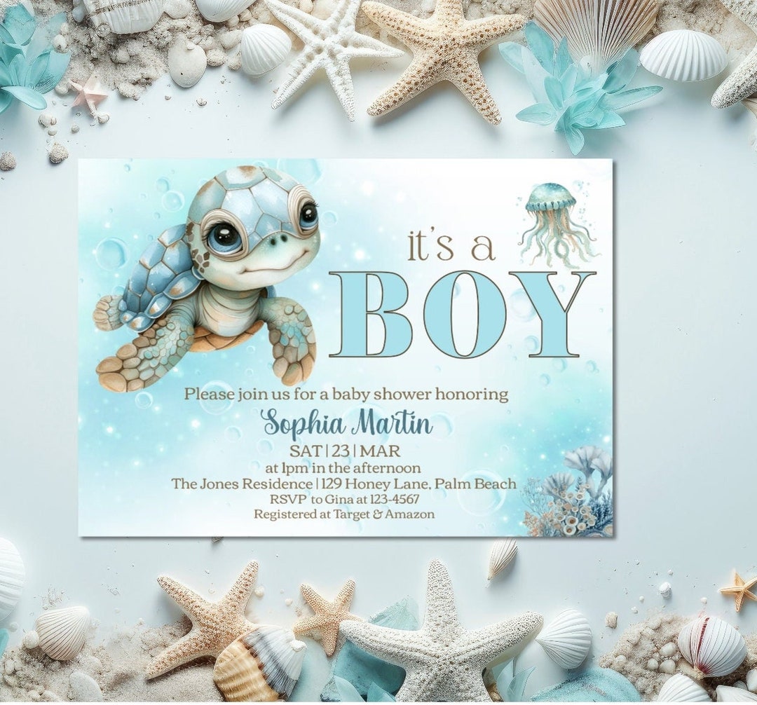 Editable Sea Turtle Baby Shower Invitation, Under the Sea Baby Boy Baby ...