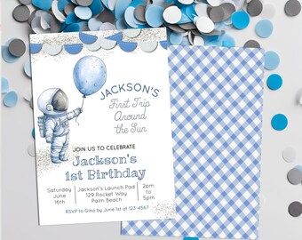 Space Birthday Party Invitation, Editable 1st Trip Around The Sun Invite, Blue and Silver Boy Space Theme  Birthday Digital Instant Download