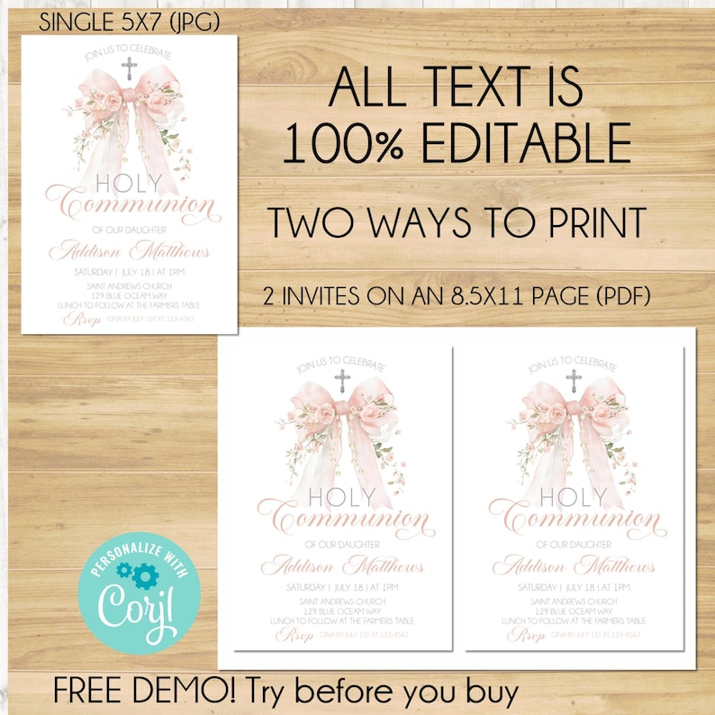 Pink Bow First Holy Communion Invitation Template Watercolor Floral ...
