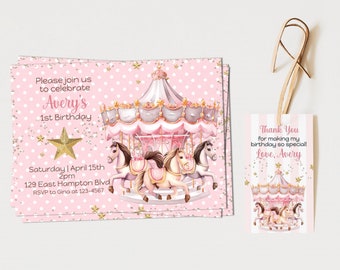 Carousel Birthday Invitation, Pink Carousel Girls First Birthday Invite, Print at home Merry Go Round Invite Template, Instant Download