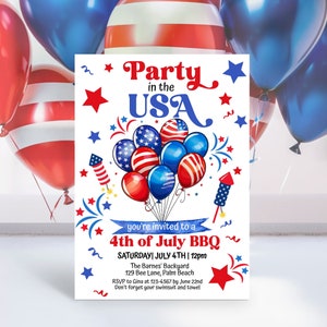 Modèle MODifiable d'invitation à la fête du 4 juillet, invitation barbecue pour le jour de l'indépendance, invitation à la fête à la piscine du 4 juillet, téléchargement immédiat du 4 juillet