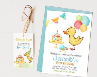 May include: A blue and white invitation with a yellow duck holding balloons. The invitation says "Waddle on over and celebrate Jacob's First birthday" with the date, time, and location. A matching thank you tag says "Thank You for celebrating my special day with me Love, Jacob".