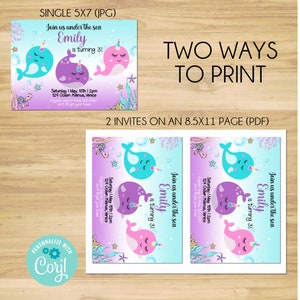 Narwhal Invitation, Mermaid Birthday Party Template, Editable Narwhal ...