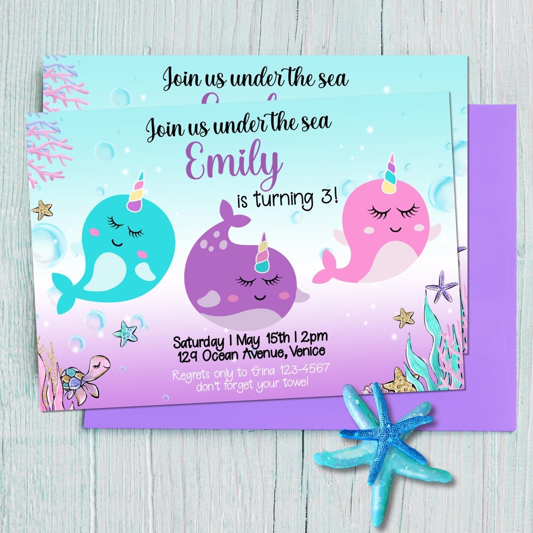 Narwhal Invitation, Mermaid Birthday Party Template, Editable Narwhal ...