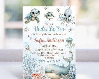 May include: A baby shower invitation with an under the sea theme. The invitation features a blue whale, a turtle, an octopus, a jellyfish, and a pufferfish. The text on the invitation reads "Join us Under the Sea for a baby shower in honor of Sofia Anderson. SAT | 23 | MAR at 1pm in the afternoon 129 Blue River Road, Palm Beach Registered at Amazon & Target RSVP to Gina at 123-4567"