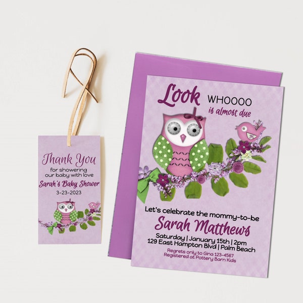 Purple Owl Baby Shower Invitation Template,  Girl Owl Baby Shower Invite, Editable Owl Invitation, Floral Baby Invite, Favor Tag Included