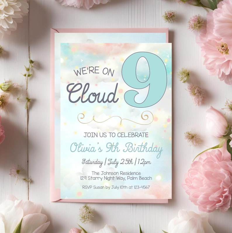 Cloud 9 Birthday Invitation Template, Editable Girl Cloud Nine Party ...