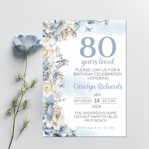 Convite de aniversário de 80 anos em azul-poeira, modelo de convite para 80 anos, festa de aniversário digital de inverno para adultos, cartão floral de 80 anos, download instantâneo de aniversário