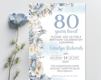 May include: An invitation to an 80th birthday celebration for Carolyn Richards. The invitation features a watercolor floral design in shades of blue and white with butterflies. The event is scheduled for Saturday, January 14th, 2024 at 2 PM at The Andersons Home, 129 East Hampton Blvd, Palm Beach. RSVP to Gina at 842-123-4567.