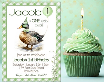 Duck Birthday Party Invitation, 1st Birthday One Lucky Duck, Mallard Duck Invite, Printable Duck first Birthday editable invitation template