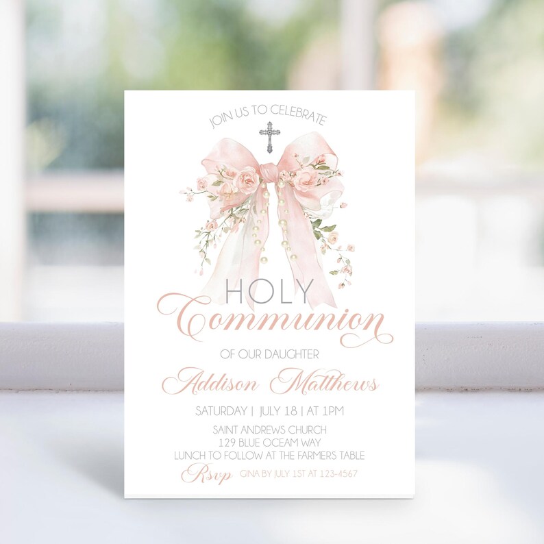 Pink Bow First Holy Communion Invitation Template Watercolor Floral ...