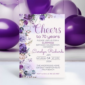 Faire-part 70e anniversaire surprise pour femme, Faire-part 70e anniversaire surprise floral violet, modèle Corjl, téléchargement immédiat, inviter