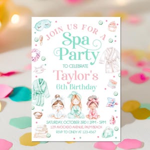 Spa Party Birthday Invitation, Pamper Glam Day Party Invite, Sleepover Editable Template, Girl Pink Mint Printable Digital Instant Download