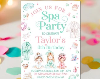 Verjaardagsuitnodiging voor Spa-feest, Pamper Glam Day-feestje uitnodigen, sleepover bewerkbare sjabloon, meisje roze munt afdrukbare digitale Instant Download