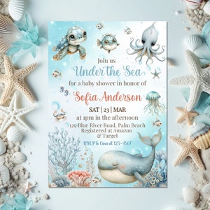Invito modificabile per baby shower sotto il mare, invito per baby shower oceanico, modello per baby shower nautico, genere neutro, download immediato