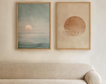 Sun and Ocean Wabi Sabi Art - Two Piece Wall Art, Japandi Wall Art, Sunset Painting, Sage Green and Terracotta Decor, Instant Download 280