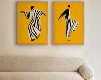 Abstract Black Couple Two Piece Wall Art, Afrocentric Wall Art, Afrobohemian Diptych, Mustard Yellow Minimalist Figure Set 176