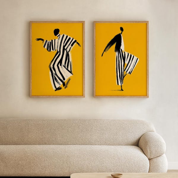 Abstract Black Couple Two Piece Wall Art, Afrocentric Wall Art, Afrobohemian Diptych, Mustard Yellow Minimalist Figure Set 176