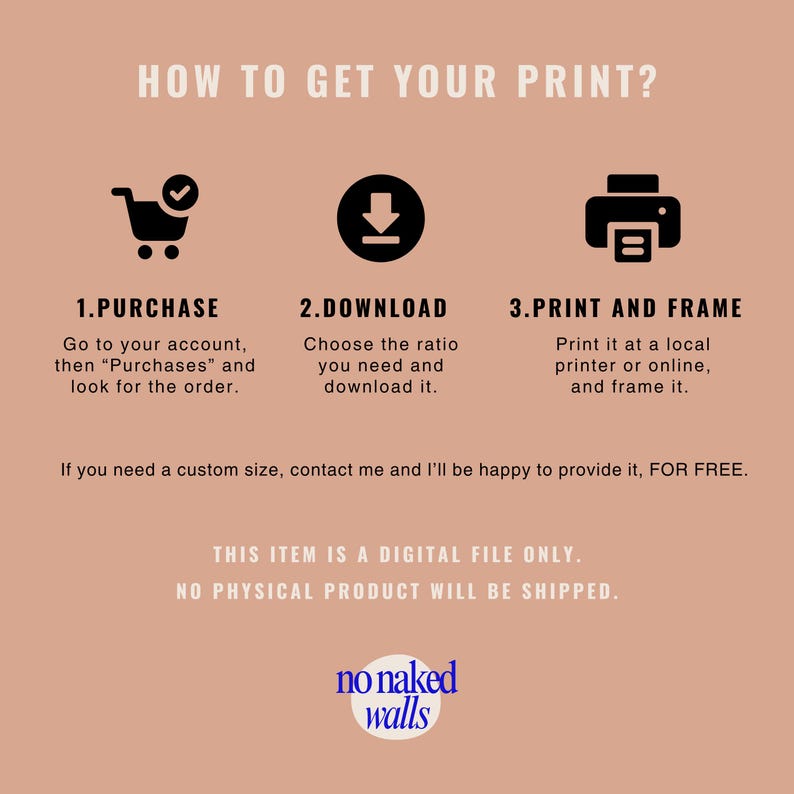 May include: A peach-colored graphic with instructions on how to get a print. The steps include purchase, download, and print and frame. Text includes "How to get your print?" and "This item is a digital file only. No physical product will be shipped."