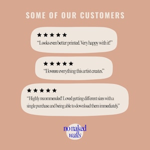 May include: A peach-colored background with customer reviews in off-white speech bubbles. Each bubble features a five-star rating and a customer quote. The bottom of the image displays the words "no naked walls" in blue.