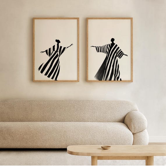 Black Couple Wall Art Set of 2 - Afrocentric Wall Art, Afrobohemian Diptych, Black and White Set African American Art, Digital Download 284