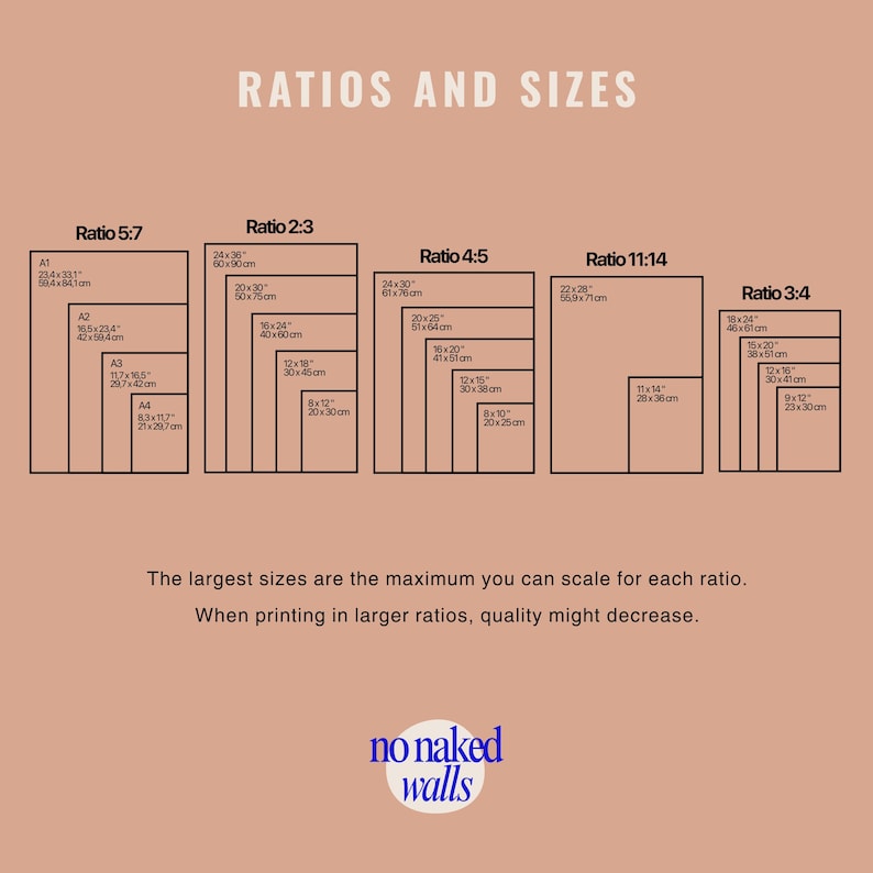 May include: A tan graphic with the text "RATIOS AND SIZES" and size charts for various ratios, including 5:7, 2:3, 4:5, 11:14, and 3:4. Each chart displays dimensions in inches and centimeters. The bottom of the graphic features the "no naked walls" logo.
