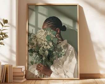 Black Woman Wall Art - Afrocentric Poster, Eucalyptus Print, African American Art, Olive Green Decor, Digital Download 330