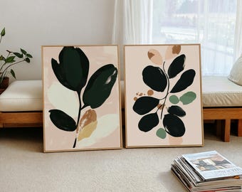 Neutral Botanical Wall Art Set of 2 - Beige Leaf Prints, Minimalist Printable Wall Art, Boho Bedroom Decor, Digital Download 304