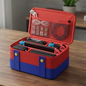 Peut inclure: Mallette de transport rouge et bleue pour Nintendo Switch, ouverte pour révéler des accessoires de console de jeu. La mallette a une poche en filet et des détails de boutons jaunes. À l'intérieur se trouvent des manettes, un câble de chargement et des cartouches de jeu.