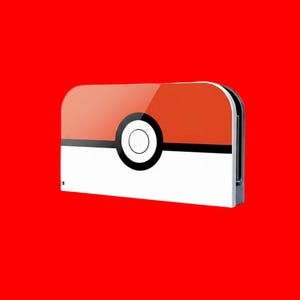 Pode incluir: Um item decorativo vermelho, branco e preto que se assemelha a uma Pokeball. A metade superior é vermelha, a metade inferior é branca, e uma faixa preta e um círculo detalham o centro. O item tem uma forma retangular curva.