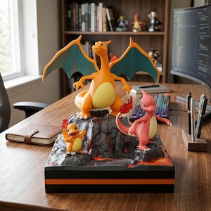 May include: A detailed figurine set featuring three Pokémon characters: Charizard, Charmeleon, and Charmander. The figures are orange, red, and yellow, with fiery accents. The base is black with orange stripes and a rocky terrain.