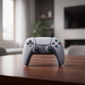 Puede incluir: Un mando de videojuegos inalámbrico blanco y gris con botones negros y botones de acción de colores. El mando tiene un logotipo de PlayStation y está sobre una mesa de madera. El fondo está borroso, mostrando un salón.