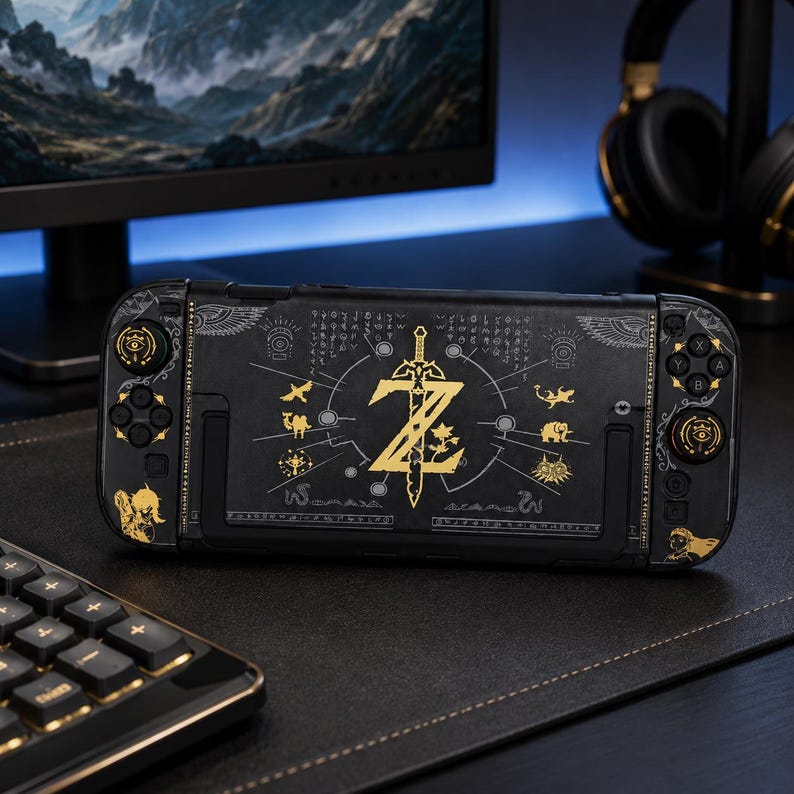 May include: A black handheld gaming console featuring gold-colored graphics inspired by The Legend of Zelda. The design includes a central sword and Z emblem, various ancient-style symbols, and intricate patterns on the controller grips.