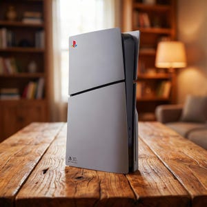 Może przedstawiać: Srebrno-czarna konsola PlayStation 5, stojąca na drewnianym stole. Konsola posiada kolorowe logo PlayStation oraz napis "30th Anniversary". Tło obejmuje regał na książki, lampę i sofę.